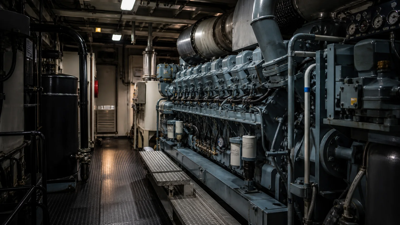 Marine diesel engine and auxiliary machinery inside a commercial vessel engine room.