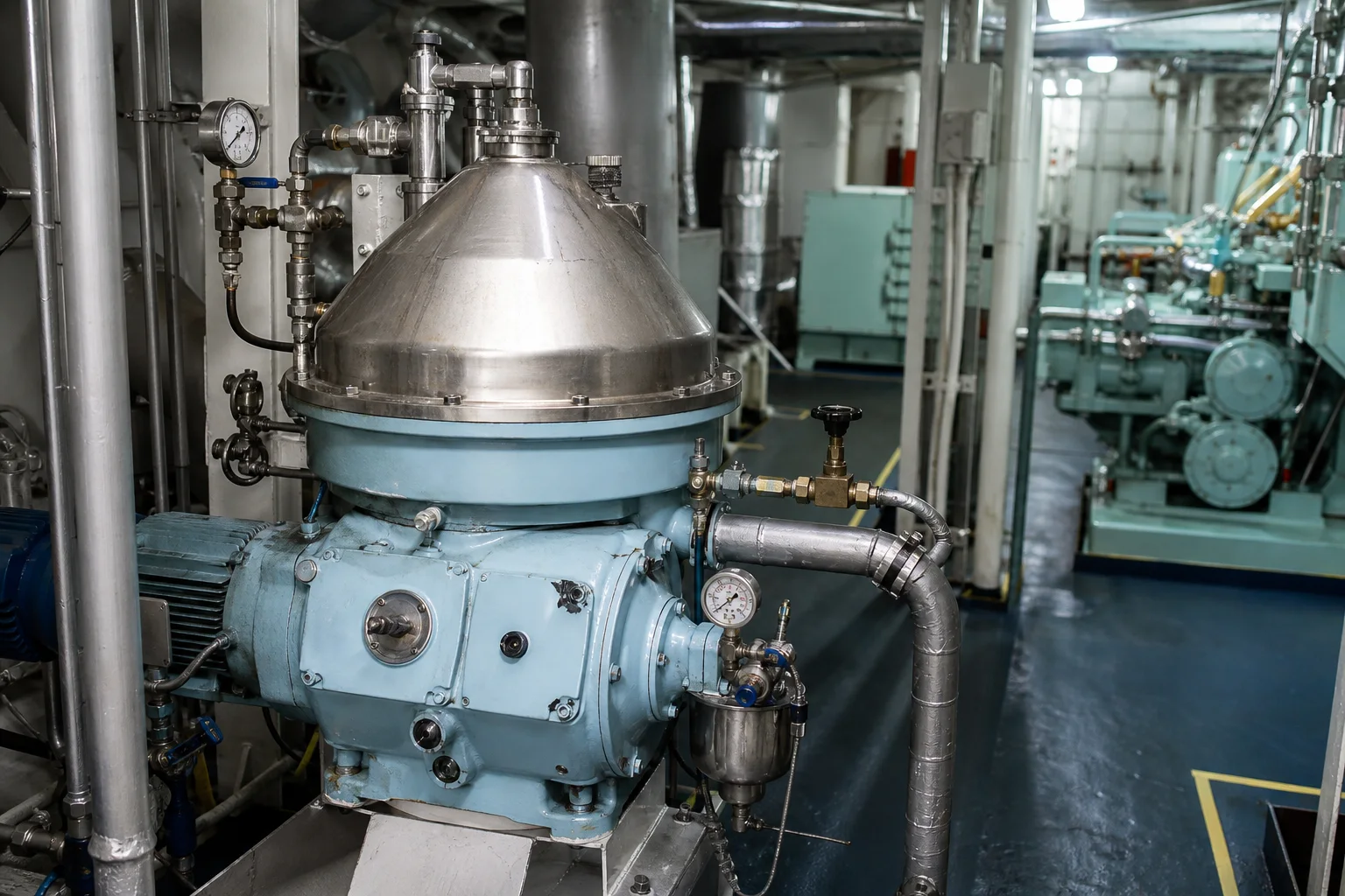 Fuel-oil separator installed in a commercial vessel engine room.
