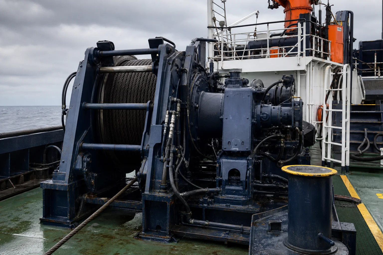 Hydraulic towing winch and deck machinery on an offshore support vessel.